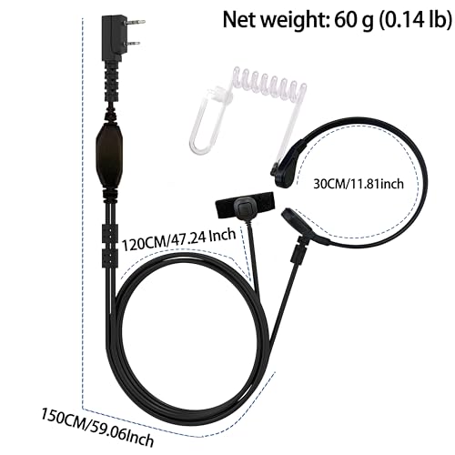 Throat Mic Headset 2 Pin Neck Acoustic Tube Radio Earpiece with PPT Microphone 2 Way Radio Accessories Compatible with UV-5R UV-5RH UV82 BF-888S DM-1701 Walkie Talkie(2PACK)