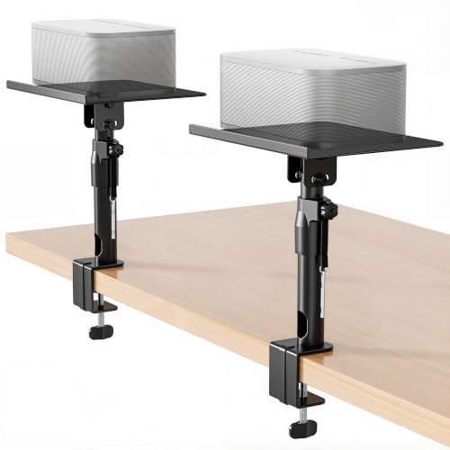 Clamp-on Speaker Stand Pair Heavy-Duty Desktop Speaker Mount Black | Height, Tilt & Swivel Adjustable, Clamp-on Desktop Installation, Universal Fit, For Home, Office & Studio Bookshelf Speakers