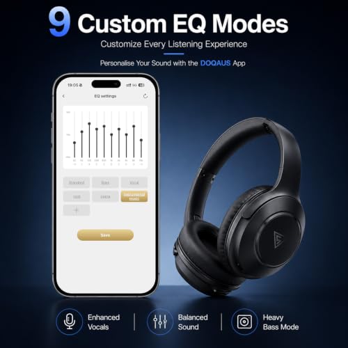 DOQAUS Bluetooth Headphones Over Ear, 9 EQ Modes & App Control | HiFi Stereo Sound, 70H Playtime, Memory Foam Earpads with ENC Microphone, Wireless Headphones for Travel, Work, Phone & PC - color: Black