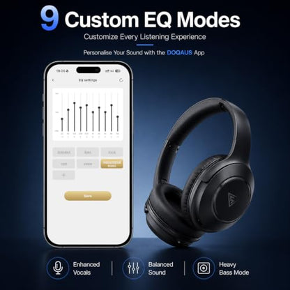 DOQAUS Bluetooth Headphones Over Ear, 9 EQ Modes & App Control | HiFi Stereo Sound, 70H Playtime, Memory Foam Earpads with ENC Microphone, Wireless Headphones for Travel, Work, Phone & PC - color: Black