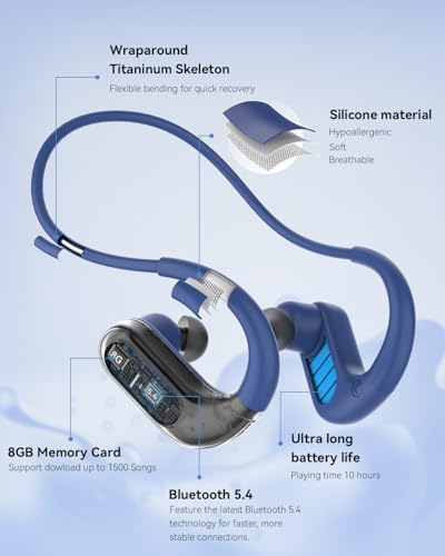 SANOTO Swimming Headphones, in Ear Bone Conduction Earbuds Bluetooth 5.4, IPX8 Waterproof Earbuds Sport, 8G MP3 Player Swimming Earphones, Underwater Headphones for Swim Run Surf Cycle - color: Blue