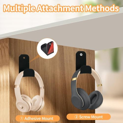 Wall Mount Headphone Stand - 2 Pack with Adhesive & Screws, Dual Installation Hook Holder, Non-Slip Rubber Pad for Gaming Headsets, Desk or Wall Organization Accessories - size: Basic