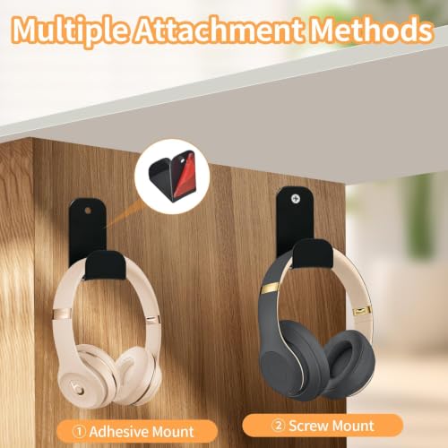 Wall Mount Headphone Stand - 2 Pack with Adhesive & Screws, Dual Installation Hook Holder, Non-Slip Rubber Pad for Gaming Headsets, Desk or Wall Organization Accessories - size: Basic