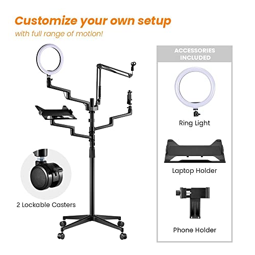 MDS11-2 Live Broadcast Boom Arm And Mobile Cart | Flexible Desk Mount Camera Arm | Clamp Webcam Stand | Microphone Boom Arm | Laptop Stand | 10" LED Ring Light | Voice Recording And Podcasting