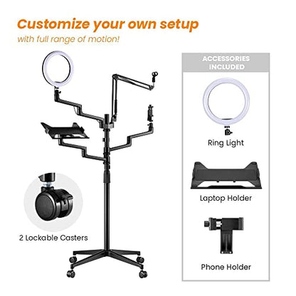 MDS11-2 Live Broadcast Boom Arm And Mobile Cart | Flexible Desk Mount Camera Arm | Clamp Webcam Stand | Microphone Boom Arm | Laptop Stand | 10" LED Ring Light | Voice Recording And Podcasting