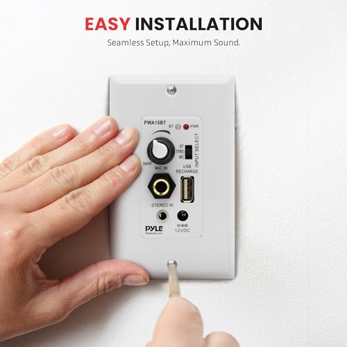 Pyle Wireless BT Receiver Wall Mount - 100W In-Wall Audio Control Receiver w/ Built-in Amplifier, USB/Microphone/Aux (3.5mm) Inputs, Speaker Terminal Block, Connect 2 Speakers, White - PWA15BT