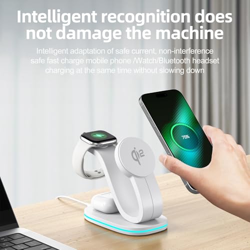 2026 New Fast 15W 3 in 1 Charging Station for iPhone Compatible Magnetic | Wireless Charger Station for iPhone 17 16 15 14 13 12, AirPods and iWatch Series, 35W Charger Included - color: White 3 in 1