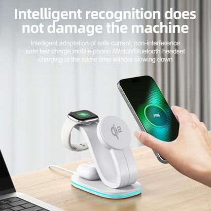 2026 New Fast 15W 3 in 1 Charging Station for iPhone Compatible Magnetic | Wireless Charger Station for iPhone 17 16 15 14 13 12, AirPods and iWatch Series, 35W Charger Included - color: White 3 in 1
