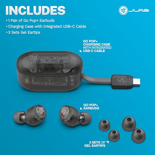 JLab Go Air Pop+, True Wireless Earbuds, Bluetooth Earbuds with Microphone, Dual Connect, EQ3 Sound, Clear | In-Ear Headphones, Bluetooth, Wireless Earbuds, Earbuds with Microphone, USB-C Charging Box, Dual Connect, EQ3 Sound - color: Clear, style: Pop+