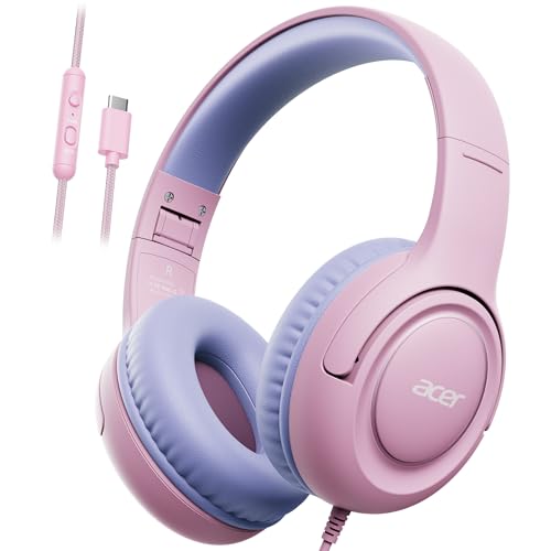 Acer USB‑C Kids Headphones for School, 85‑94dB Limiter, w/Mic HK03C | Foldable Wired Over Ear Headphones, for Toddler School/Travel/iPad/Tablet, Purple‑Pink - color: USB-C Purple Pink