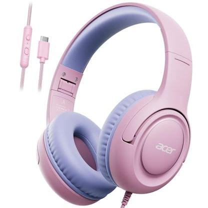 Acer USB‑C Kids Headphones for School, 85‑94dB Limiter, w/Mic HK03C | Foldable Wired Over Ear Headphones, for Toddler School/Travel/iPad/Tablet, Purple‑Pink - color: USB-C Purple Pink