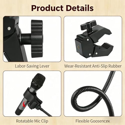 Microphone Holder Gooseneck11.8”/30cm Mic Stand Desk With Adjustable Mic Clip & Super Crab Clamp,Heavy-Duty Desk Mount, for Podcasting, Streaming, Podium & Public Speaking.Flexible Gooseneck Mic Mount