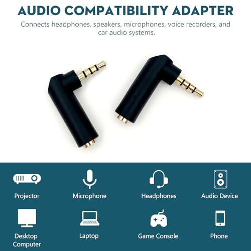 Right Angle 3.5mm TRRS Audio Adapter – 90° Gold-Plated Male to Female AUX Connector (2-Pack) for Headsets, MP3, Tablets, Controllers, and More