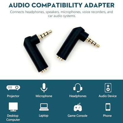 Right Angle 3.5mm TRRS Audio Adapter – 90° Gold-Plated Male to Female AUX Connector (2-Pack) for Headsets, MP3, Tablets, Controllers, and More