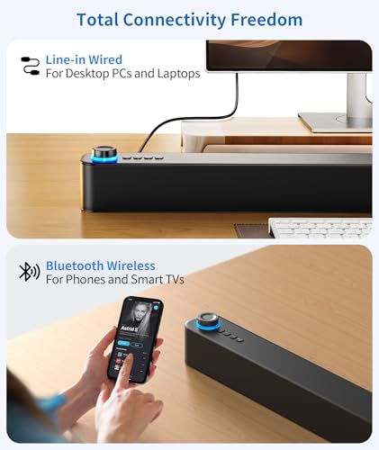 Desktop PC Speakers, Bluetooth Soundbar, 3600mAh Battery for 20Hrs Wireless Playback, Wired/Wireless Speaker for PCs, Phones, TVs, Laptops