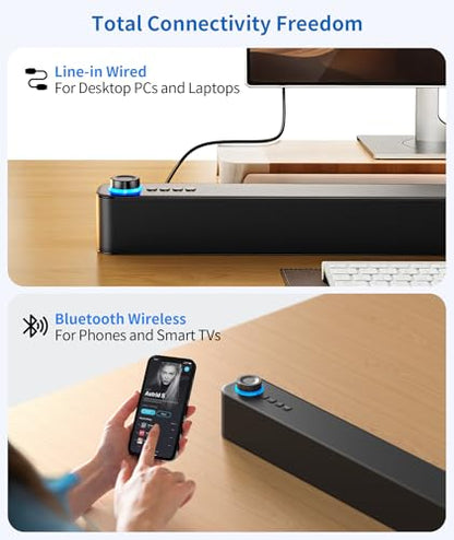 Desktop PC Speakers, Bluetooth Soundbar, 3600mAh Battery for 20Hrs Wireless Playback, Wired/Wireless Speaker for PCs, Phones, TVs, Laptops