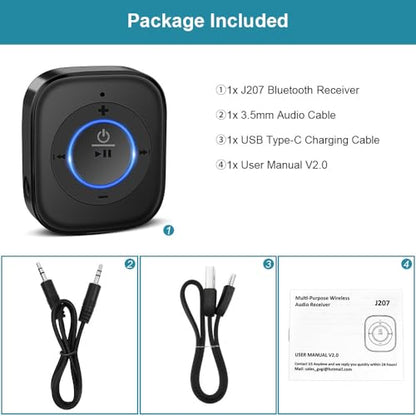 Golvery Bluetooth 5.4 Receiver, HiFi Wireless Audio Adapter for Car/Speaker | 3.5mm AUX Bluetooth Adapter for Home Stereo/Wired Headphones, Built-in Microphone for Handsfree Calls, Dual Connection, 20H - style: Stereo J207 with Mic & Volume Control