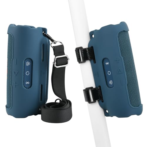 Silicone Case Compatible with JBL Flip 7 Speaker, Shockproof Protective Cover Soft Skin Silicone Cover with Shoulder Strap and Hook and Loop Straps for Bike Golf Cart Rail Mounting (Dark Blue) - color: Dark Blue