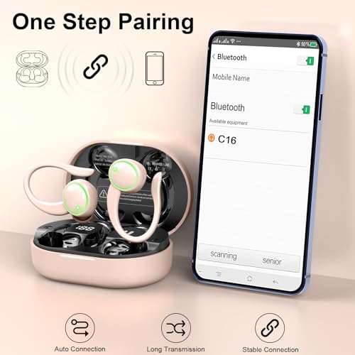 Matast Wireless Earbuds, Bluetooth 5.4 Headphones Sports, 50H Playback Over-Ear Buds with ENC Noise Cancelling Mic, HiFi Stereo Fitness Earphones with Earhooks, IP7 Waterproof Headset - color: light pink