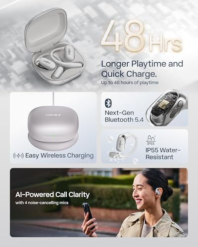 SHOKZ OpenFit 2+ Open-Ear Earbuds, Grey, Dolby Audio,Wireless Charging | Soft Ear Hooks； IP55 Water-Resistant; USB-C Fast Charging；48H Playtime; Gym/outdoor/home use - color: Grey, style: Dolby Audio / USB-C&Wireless