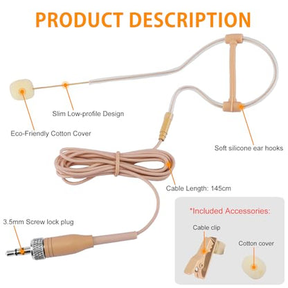 Headset Microphone Compatible with Sennheiser Wireless Bodypack 3.5mm Lock | Omnidirectional condenser capsule with hidden over-ear fit, windscreen, clear audio for stage, church, podcast, broadcast