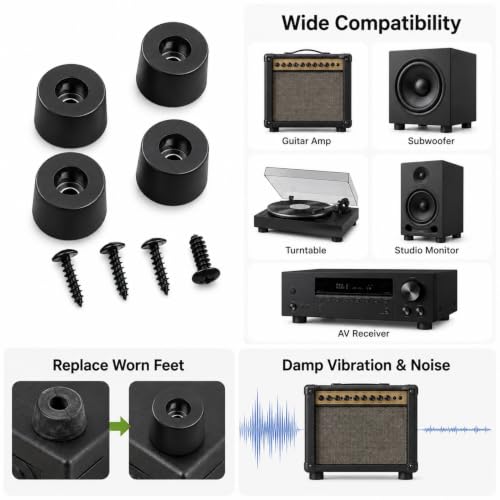 Rubber Isolation Feet 4-Pack with Stainless Steel Screws | Dense Rubber Anti-Vibration Damping Pads 40 lbs Per Pad | for Guitar Amplifier Subwoofer Turntable Studio Monitor AV Receiver