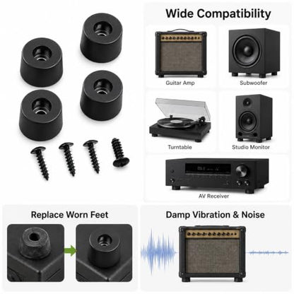Rubber Isolation Feet 4-Pack with Stainless Steel Screws | Dense Rubber Anti-Vibration Damping Pads 40 lbs Per Pad | for Guitar Amplifier Subwoofer Turntable Studio Monitor AV Receiver