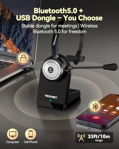 TECKNET Wireless Headset for Work Bluetooth Headphones with Mic USB Dongle | 45Hrs Worktime, AI Noise Cancelling, Charging Base, Computer Headset for PC Laptop Calls, Meetings and Office Use