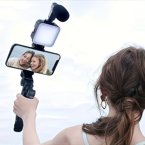 Tripod Vlogging Kit for iPhone and Android with LED Light Mini Shotgun Mic Adjustable Phone Holder for Travel, Live Streaming, Black - color: Black