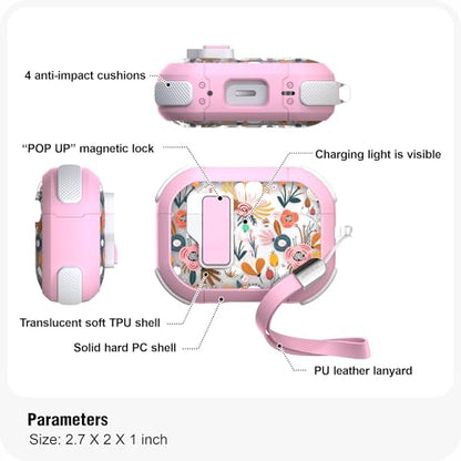 WENEW for AirPods Pro 3 Case (2025) Cover Secure Lock Automatic Snap Switch Clip Cleaner Kit Lanyard Women Stylish Flower Hard Shell Full Body Front LED Visible (Pink Flower, AirPods Pro 3) - color: Pink Flower, size: AirPods Pro 3