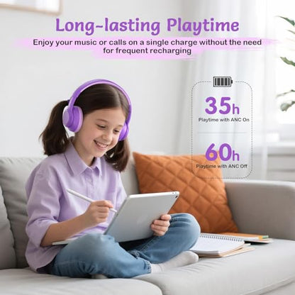 TONOSHARK Kids Bluetooth Headphones with ANC for School Travel Gift | Wireless Over-Ear Headphones for Boys Girls, Foldable, Adjustable, Safe Volume, 40H Playtime, Mic for School Travel - color: Purple
