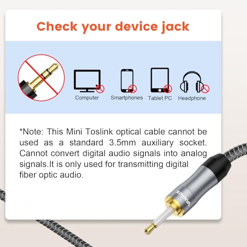 VANAUX Toslink to Mini Toslink Digital Optical Cable,S/PDIF Fiber Optic Audio Cable,24K Gold Plated for TV,Soundbars,Stereo Systems【Not A 3.5mm Auxiliary Plug】(20ft/6m) - size: 20 ft