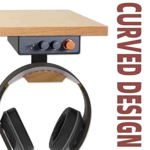 Under Desk Mount for Fosi Audio BT20A Pro with Walnut Wood Headphone Hanger, Metal Amplifier Bracket Shelf for Compact Stereo Amp, Desk Organizer Holder, Black