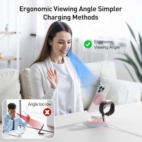 3 in 1 MagSafe Wireless Charger Stand for iPhone Apple Watch AirPods | Adjustable Blue Ambient Light,15W Magnetic Charging Station for iPhone 17 16 15 14 13 12 Series Wireless Charging Station - color: Pink