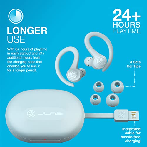 JLab Go Air Sport True Wireless Earbuds, Light Blue, Featuring C3 Clear Calling, Secure Earhook Sport Design, 32+ Hour Bluetooth Playtime, and 3 EQ Sound Settings - color: Light Blue, style: Sport