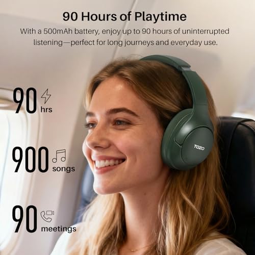TOZO HT3 Hybrid Noise Cancelling Wireless Headphones, 90H Over Ear Headset | Hi Res Audio, AI Voice Assistant, Dual Device Connection, 32 Custom EQs, Built In 5 Mics, ANC, Foldable with Case - color: Matte Green