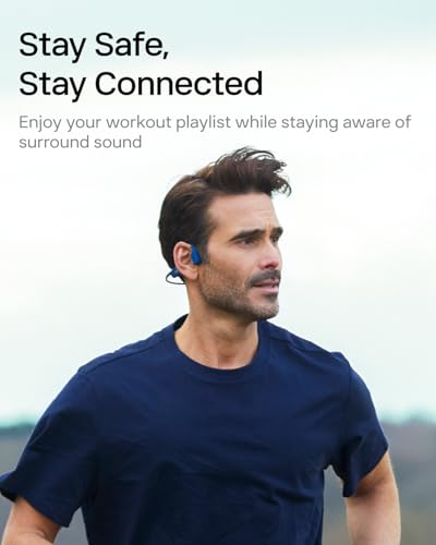 SHOKZ OpenRun Bone Conduction Bluetooth Headphones, Blue, USB-C Charging | Bundle with Sweat Headband；Open ear comfort; Lightweight & Secure fit; IP67 water resistance; 8H battery; Running/Cycling - color: Blue, size: Standard Size+USB-C Charging