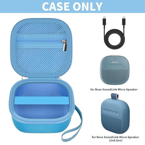Case Compatible with Bose New SoundLink Micro 2nd Gen Bluetooth Speaker, Portable Carrying Storage Organizer Box with Mesh Pocket for USB Cable&Accessories - Blue (Bag Only)