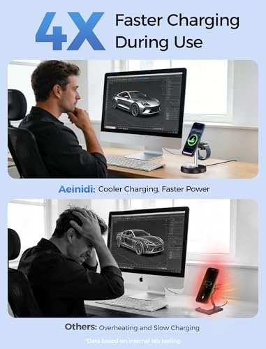 Aeinidi 2026 3 in 1 Wireless Charging Station Compatible with MagSafe Charger Stand, 15W Fast Magnetic Mag-Safe Charger for iPhone 17 16 15 14 13 12 Series Apple iWatch AirPods Pro 4 3 2 - color: Matte Silver Black