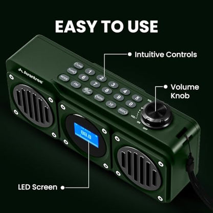 Avantree BoomByte - Portable FM Radio & Bluetooth Speaker with Stereo Sound | Long Rechargeable Playtime, Micro SD Card & USB Audio Input, MP3 Player, Metal Finish, Easy to Use, Green - color: Green