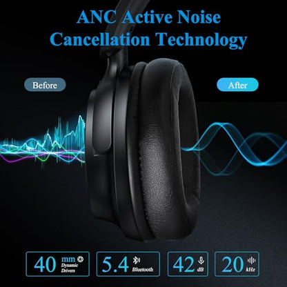 Headphones Wireless Bluetooth 5.4 Active Noise Cancelling Over-Ear Headset | for Students Gaming Online Classes Travel Airplane Hi-Res Sound Foldable for Samsung S26 S25/iPhone 17/iPad for Google Black