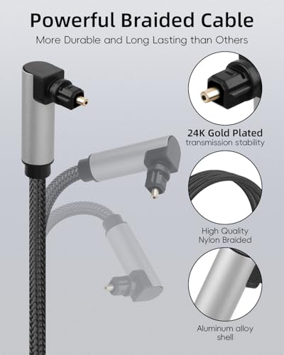 GELRHONR 90 Degree Optical Audio Cable, 360 Degree Free Rotatable Right Angle Toslink Optical Cable, Digital Fiber Optic Cord for Sound Bar, TV, Home Theatre (3.3FT)