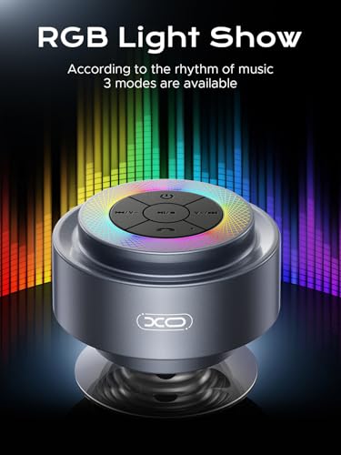 Bluetooth Shower Speaker,XO Portable Shower Speakers IP67 Waterproof with Suction Cup,Built-in Mic and Dynamic LED Lights,Handsfree Wireless Speaker for Bathroom, Party, Beach