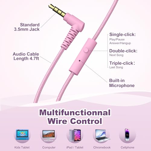 Kids Headphones for School with Microphone, 93dB Volume Limited, PinkPurple | Wired On Ear Headphones for Girls Boys, Foldable Lightweight Headphone for Classroom Learning & Entertainment Travel Computer - color: Pink Purple