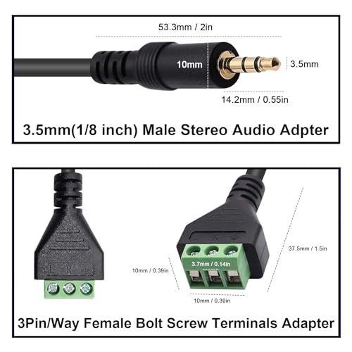 Poyiccot 3.5mm Screw Terminal Connector Cable, 3.5mm(1/8inch) Stereo Audio Balanced Male Jack to AV 3 Pin Screw Terminal Adapter Cable 30cm(1/8inch TRS)