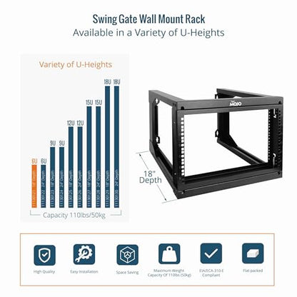 Tecmojo 6U Wall Mount Server Rack, Open Frame Network Rack for 19" Computer/AV/Data/IT/Media Equipment, 18" Depth, 16" Apart Mounting Holes, Swing Gate, Square and Tapped Holes - size: 6U/18" Depth (New)