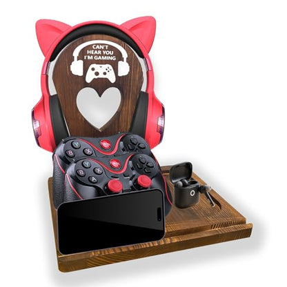 Wooden Headset Stand with Controller Holder - Multi-Functional Gaming Organizer for Desk, Detachable Design w/Phone Slot - Perfect Gamer Gift for Men, Dad, Graduation