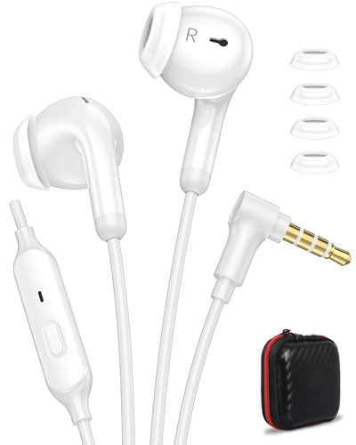 iMangoo Right Angle Wired Earbuds with Carrying Case and Mic for School