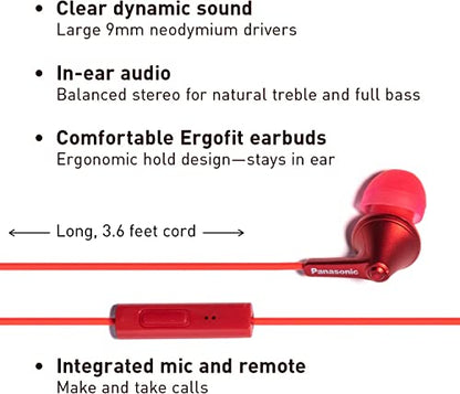 Panasonic ErgoFit Wired Earbuds with Microphone, 3.5mm Jack Headphones with Mic and Call Controller, Ergonomic Custom-Fit Earpieces (S/M/L), for Phones and Laptops - RP-TCM125-R (Red) - color: Red, style: With Mic