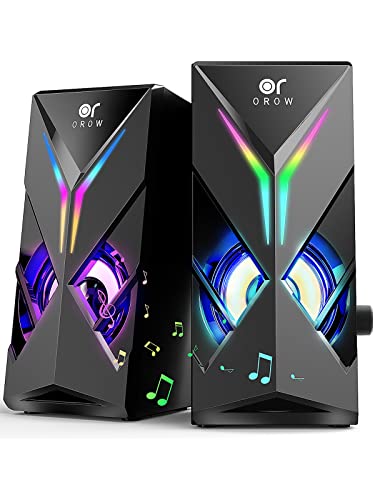 OR O R O W 【Sound Upgraded】 Computer Speakers with Volume Control, 10W Colorful LED Gaming Speakers for PC/Desktop/Laptop/Monitor, 3.5mm Aux Input, Lights On/Off Option (S201)